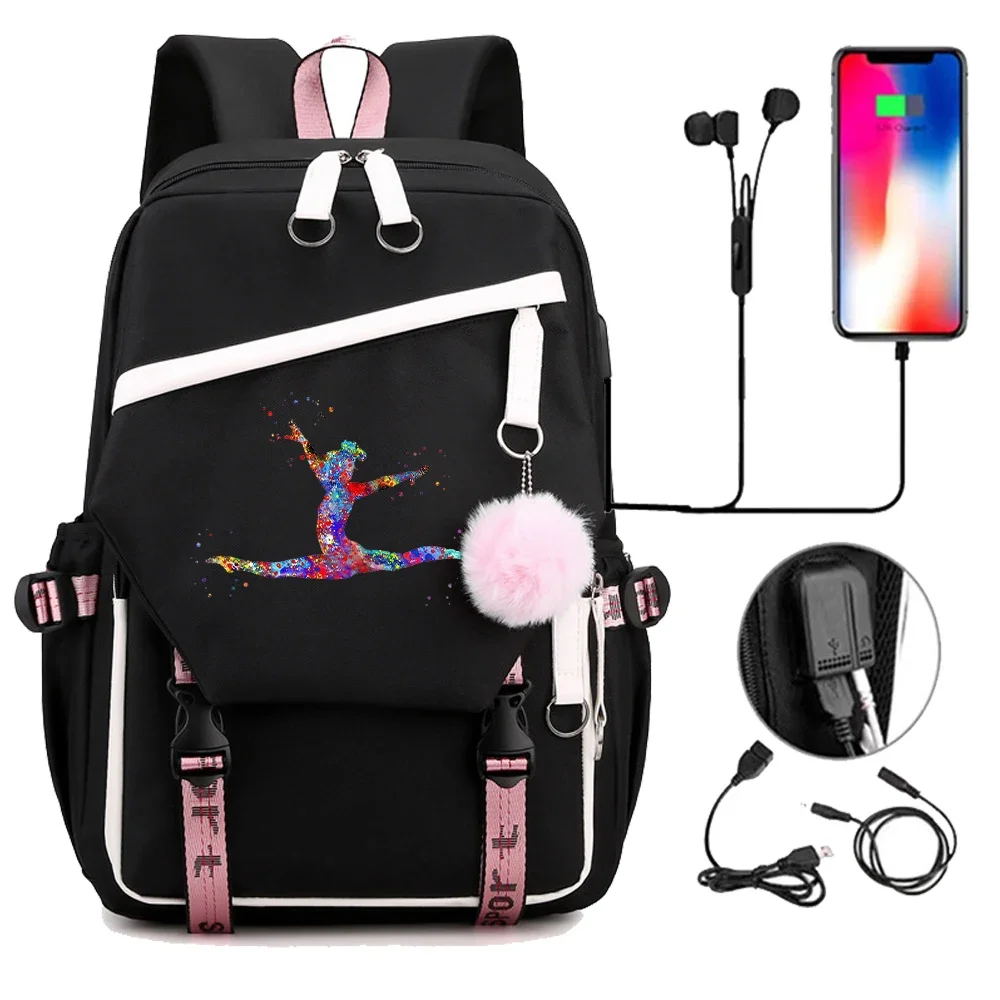 Mochila escolar para adolescentes, niñas, gimnasia, acuarela, gimnasia, mochila, mochila escolar con puerto USB, mochila negra y rosa