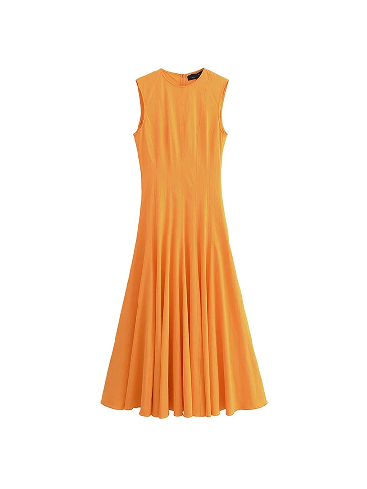 Women's Casual Orange Sleeveless Long Dresses, O-Neck Pleated Loose Dress, Ladies Fashion, High Waist, Summer, 2024