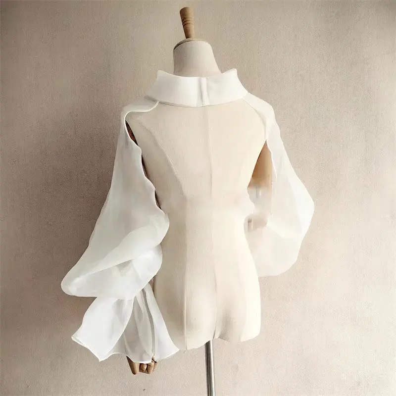 Mingli Tengda Organza Wedding Shrug Puffy Full Trumpet Sleeves High Neck Backless Bride Bolero Bridal Jacket Cape Party Shrug