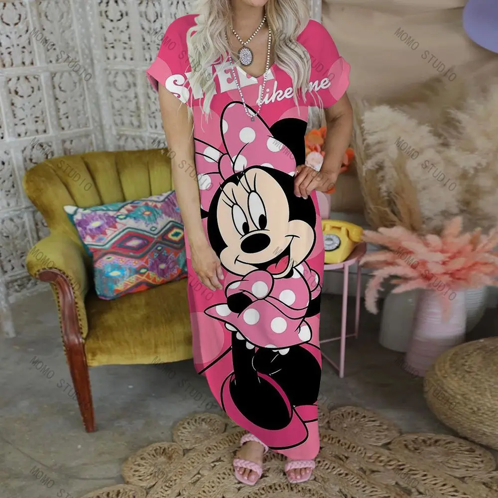 Casual Summer Women\'s Dresses V-Neck Long Dress Cartoon 2022 Disney Sexy Minnie Mouse Mickey Woman Clothes Leisure Maxi Robe Y2k