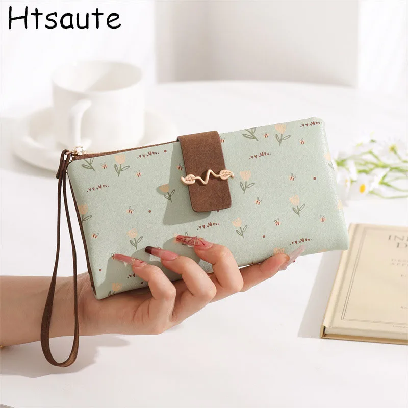 Flower Printed PULeather Wallet Large Capacity Clutch Zippered Card Holder & Photo Compartment, Color blocking Hasp