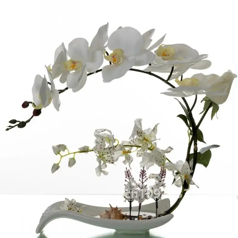 Butterfly Orchid Artificial Flowers Set Fake Flower Ceramic Vase Ornament Phalaenopsis Figurine Home Furnishing Decoration Craft