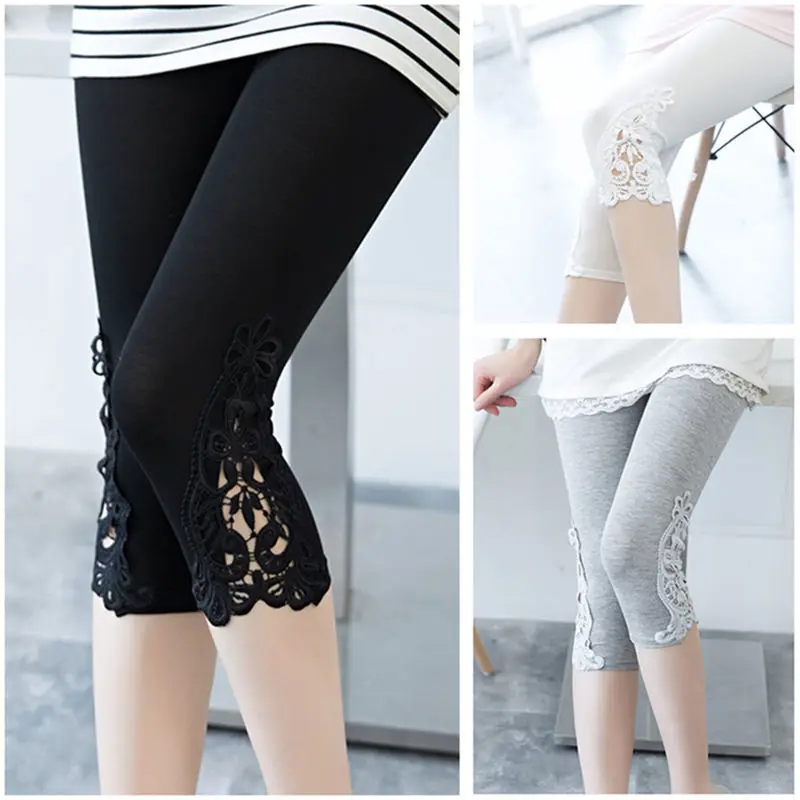 Mallas elásticas de encaje calado de verano para mujer, pantalones ajustados deportivos para Fitness, mallas cortas de longitud 3/4, pantalones Capris recortados de Modal