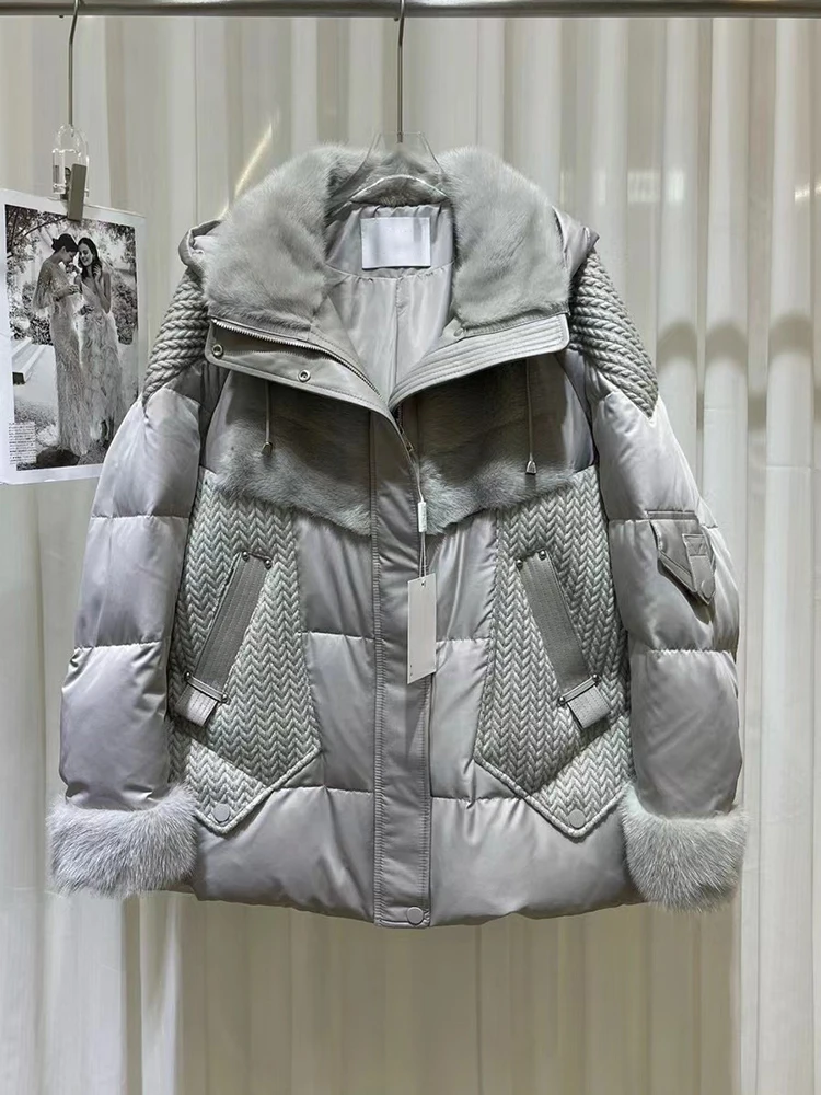 Jaket Puffer hangat untuk wanita, jaket Luaran wanita bulu angsa putih kerah bulu alami asli, mantel tebal musim dingin 2024