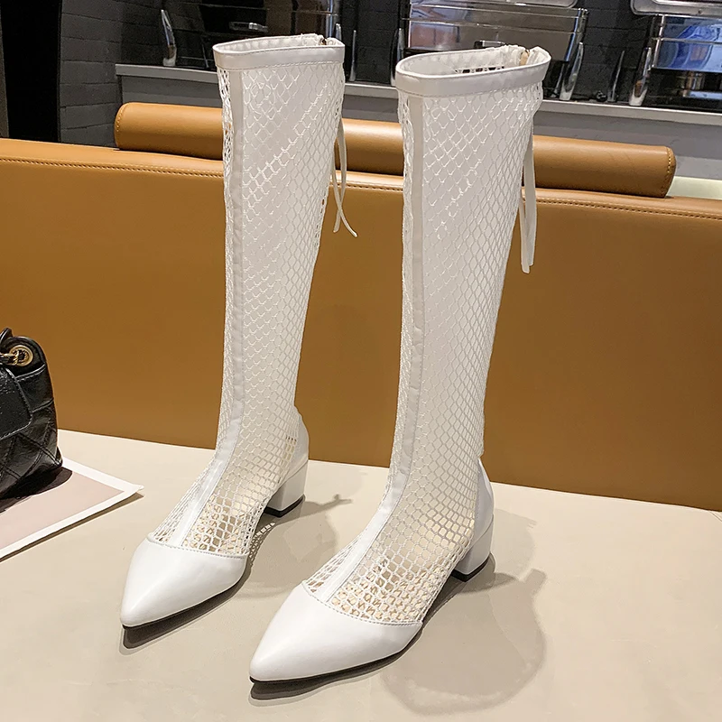 White Boots 2022 New Summer Women Knee High Boots Patent Leather Mesh Zipper Low Heel Long Boots Fashion Autumn Lady Shoes