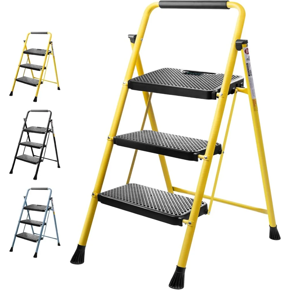 3-traps ladder, robuuste opvouwbare opstapkruk, draagbare stalen opvouwbare kruk voor huishoudelijke garageopslag (geel)