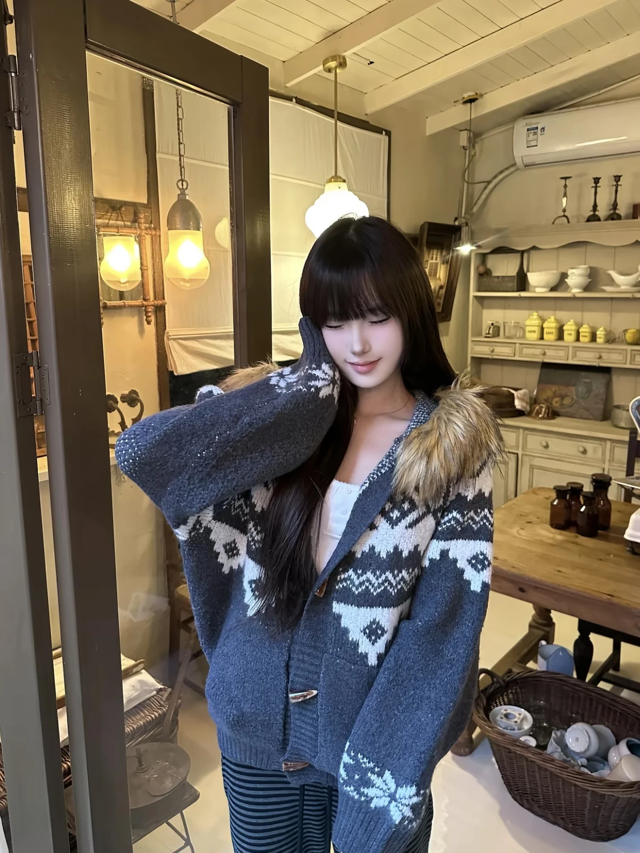 سترة صوفية محبوكة من Thiened مع زر فضفاض مناسب للرجال والنساء معطف شتوي كاجوال دافئ بياقة للزوجين