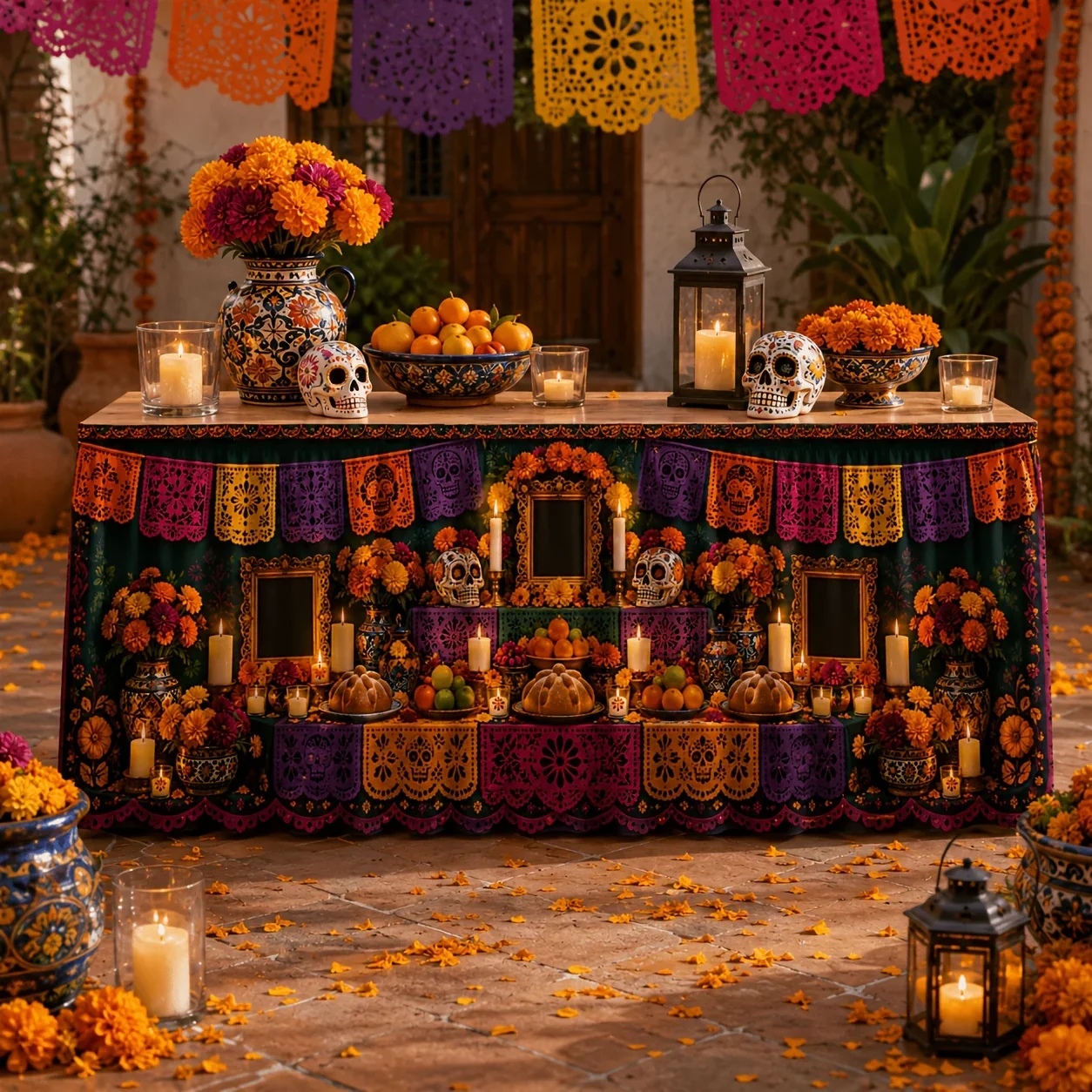 One tablecloth or table skirt - polyester - Halloween altar sugar skull paper flag paper flowers chrysanthemums - yzb