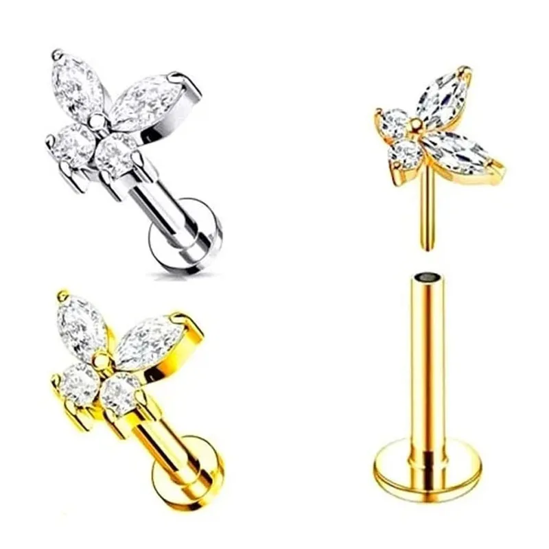 Butterfly Push In Labret Stud CZ Zircon Tragus Earrings Lip Pin Threadless Piercing Medusa Jewelry 316L Surgical Steel 16G