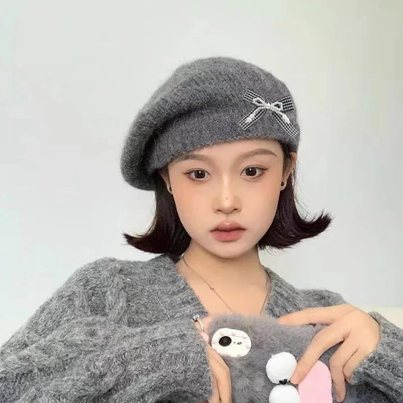 Gestrickte Baskenmütze im koreanischen Stil mit Schleife für Damen, Herbst und Winter, warm, vielseitige Baskenmütze, modisch, süß, niedlich, Pullover-Kappe