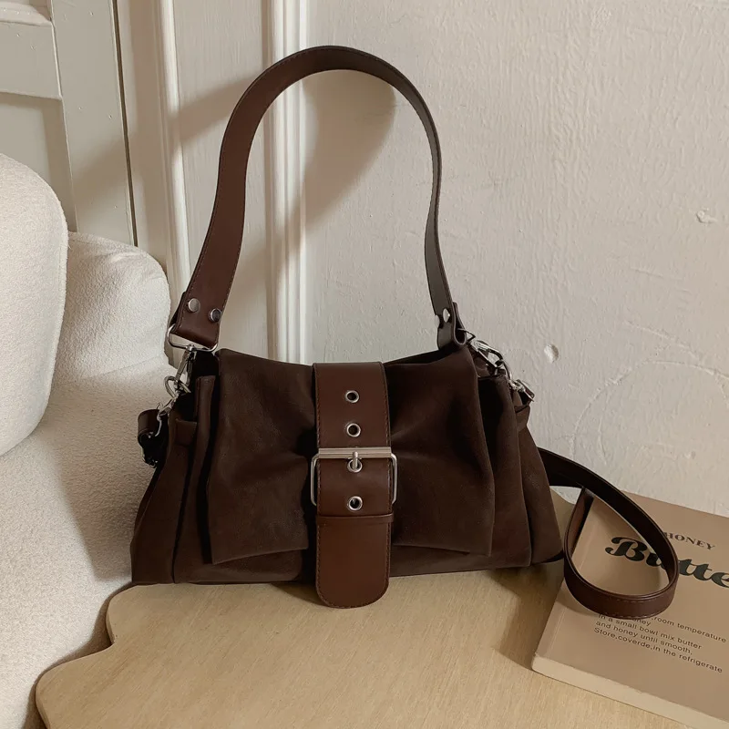 Korean Retro Underarm Motorcycle Bag Fashionable Women'S Handbag Pu Coffee Colored Shoulder Bag Crossbody Bag