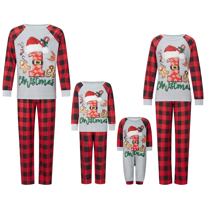 Christmas Family Pajamas Matching Set Reindeer Antler Headband Snowflake Print Long Sleeve Tops and Striped Pants Sleepwear