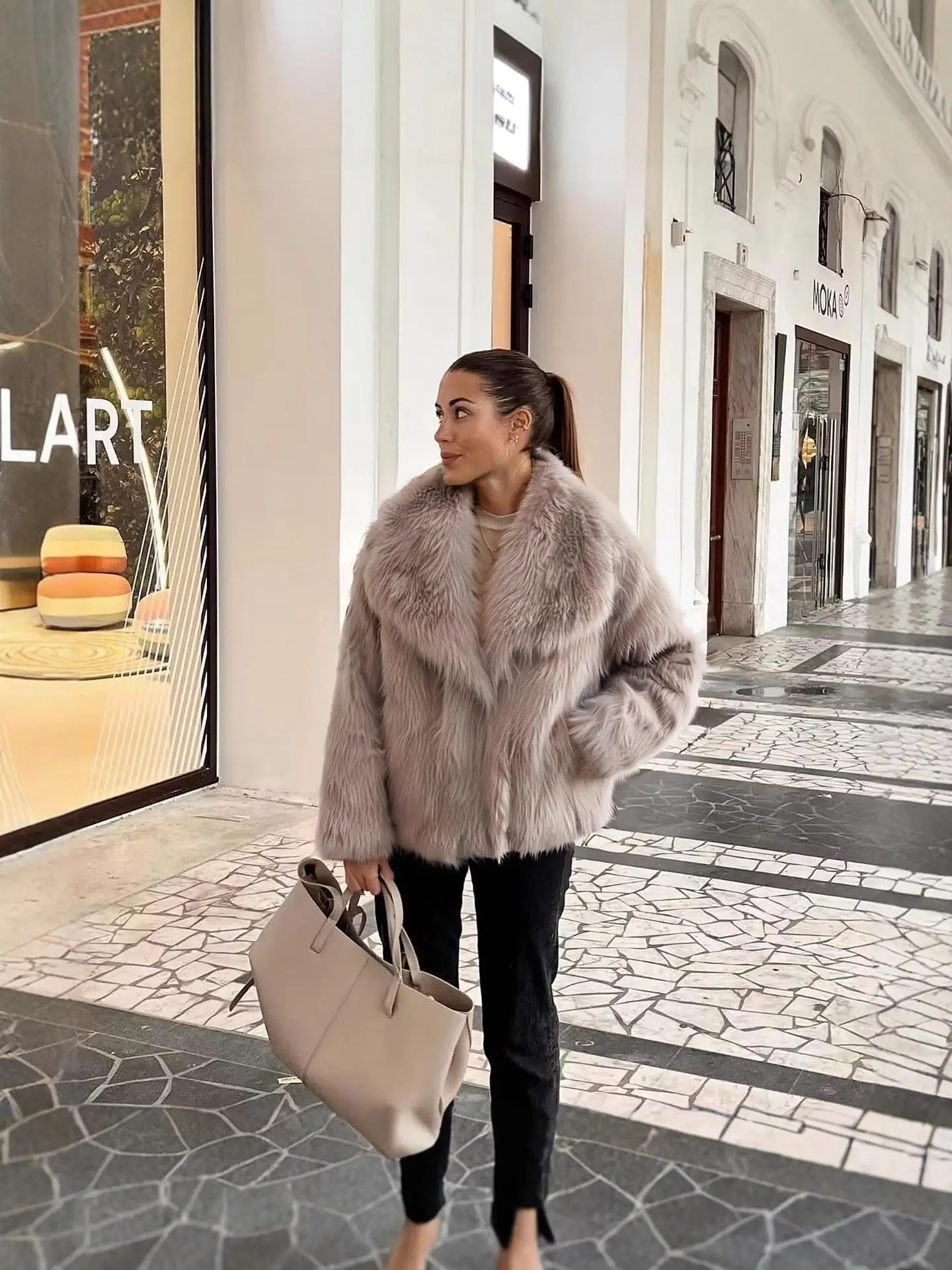معطف فرو نسائي كاجوال بياقة كبيرة من الفرو Jaet Long Sve Urban Sle ملابس خارجية مريحة وعصرية