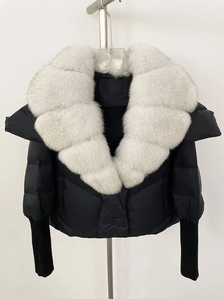 MENINA 2024 Winter Coat Women Real Natural Fox Fur Collar Thick Warm Short White Duck Down Casual Overwears Outerwear Streetwear