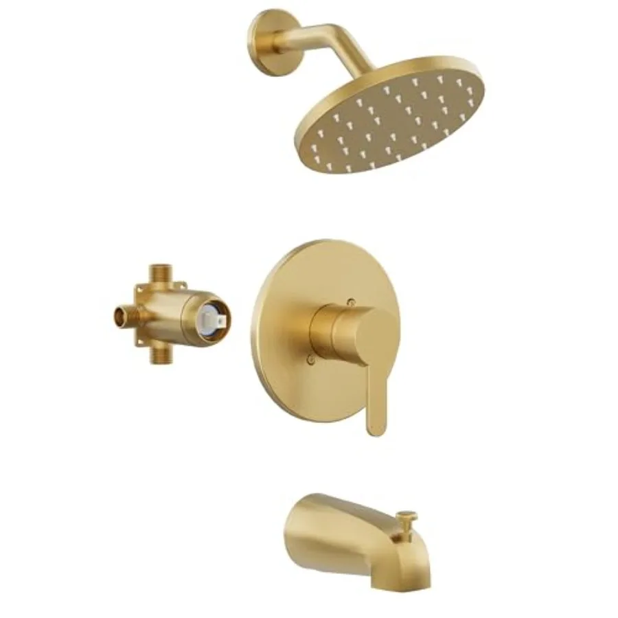 

Tub Shower Faucet Brushed Gold Shower Faucet Set with 6-Inch All-Metal Rainfall Showerhead and Bathtub Spout Single-Handle Tub
