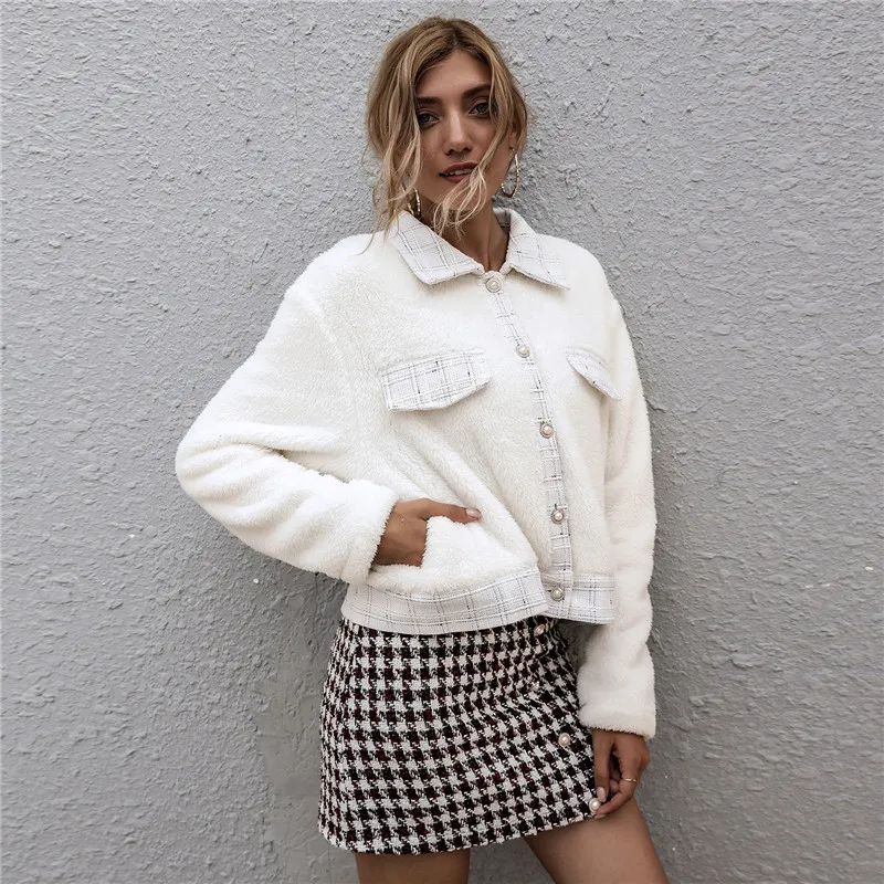 Einreiher Kurz Mantel Damen Mode Revers Kragen Shirt Wolle Mantel Winter Freizeit Langarm Tasche Strickjacke Mantel Mantel