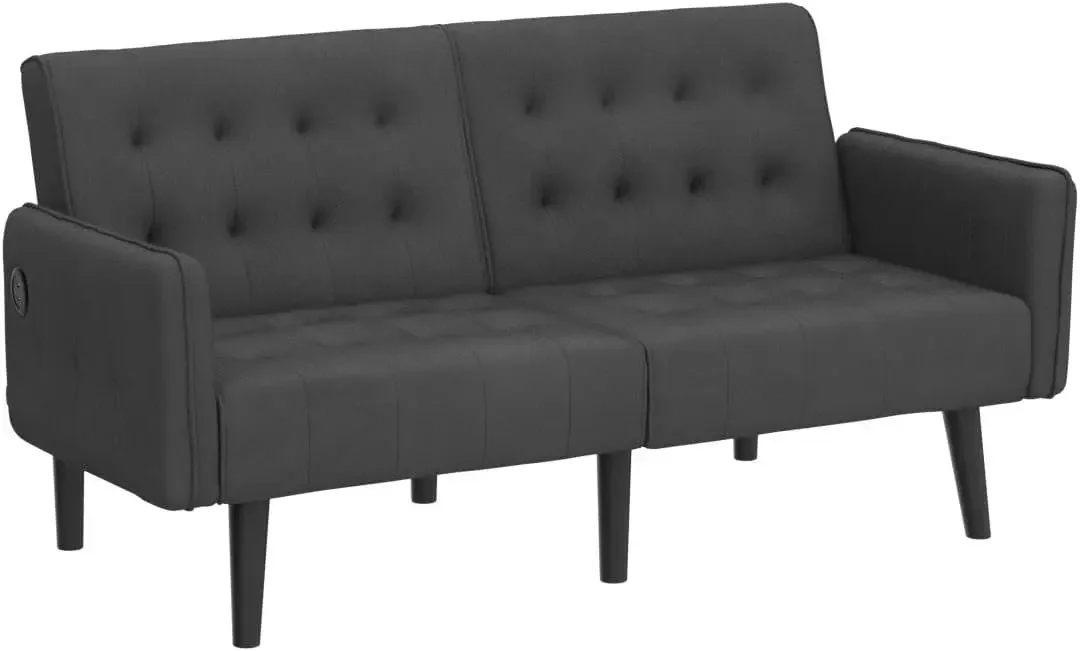 Conversível Futon sofá-cama com 2 USB, estofados adornado, pequeno sofá dobrável ajustável, Loveseat, moderno Mid Century Sleeper, 65"