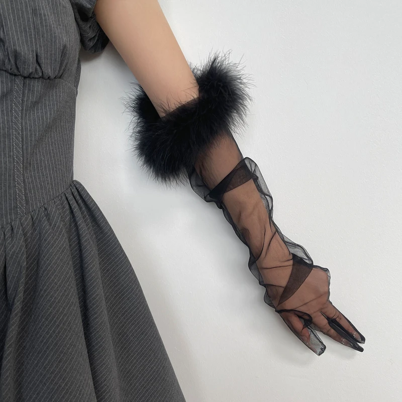 

Summer Feather Gauze Thin Sunscreen Long Gloves Personality Tulle Sheer Bride Wedding Gloves Party Accessories