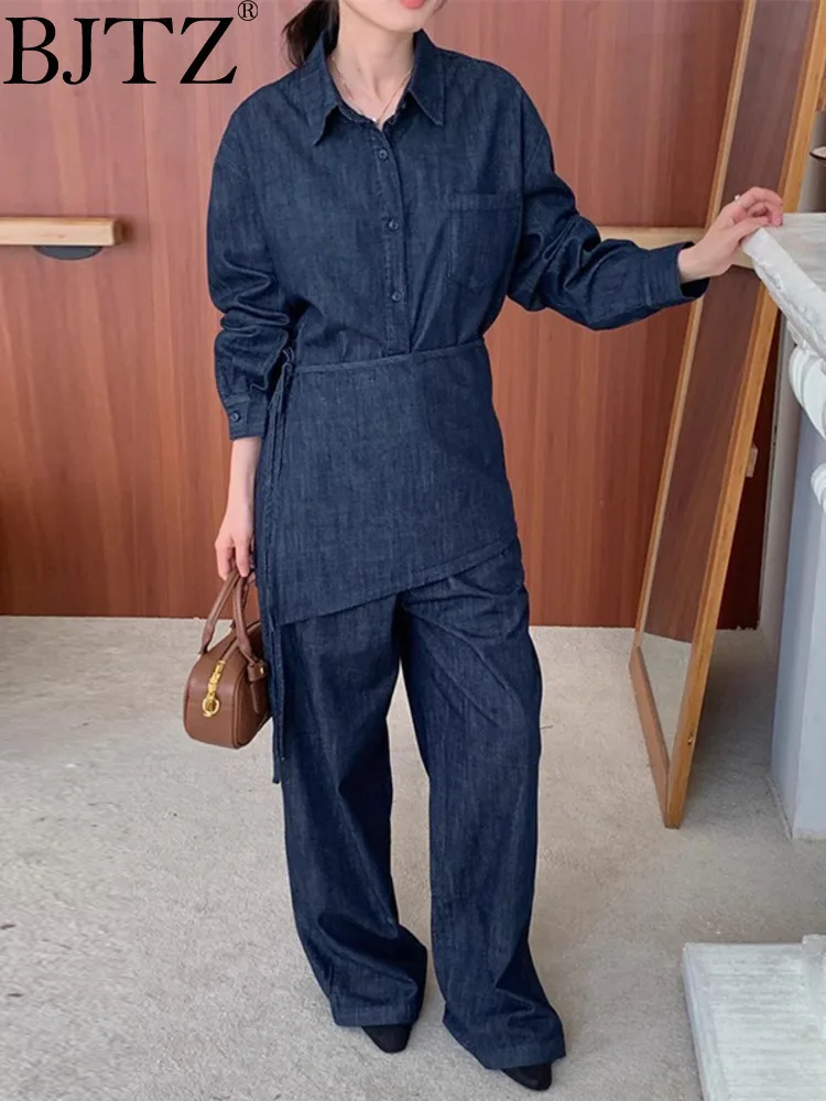 

BJTZ Korean Chic Autumn Versatile Single Breasted Shirt+lace Up Waistband Design Jeans Pants Two-piece Set