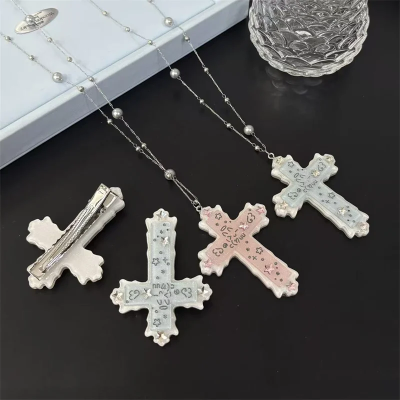 Cute Emoji Cross Handmade Graffiti Star Gray Bead Necklace