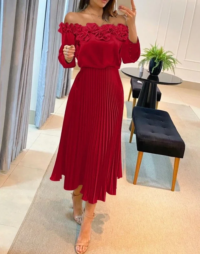 

Women's Elegant Off Shoulder Frill Hem Pleated Dress Temperament Commuting Summer Fashion Women Long Sleeve Casual Dresses
