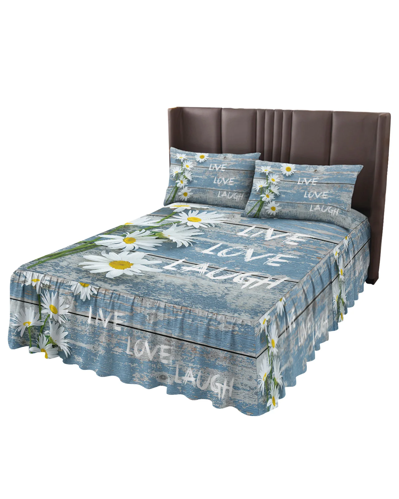 Daisy Flower Wood Texture Bed Skirt Elastic Fitted Bedspread With Pillowcases Bed Protector Mattress Cover Bedding Set Bed Sheet