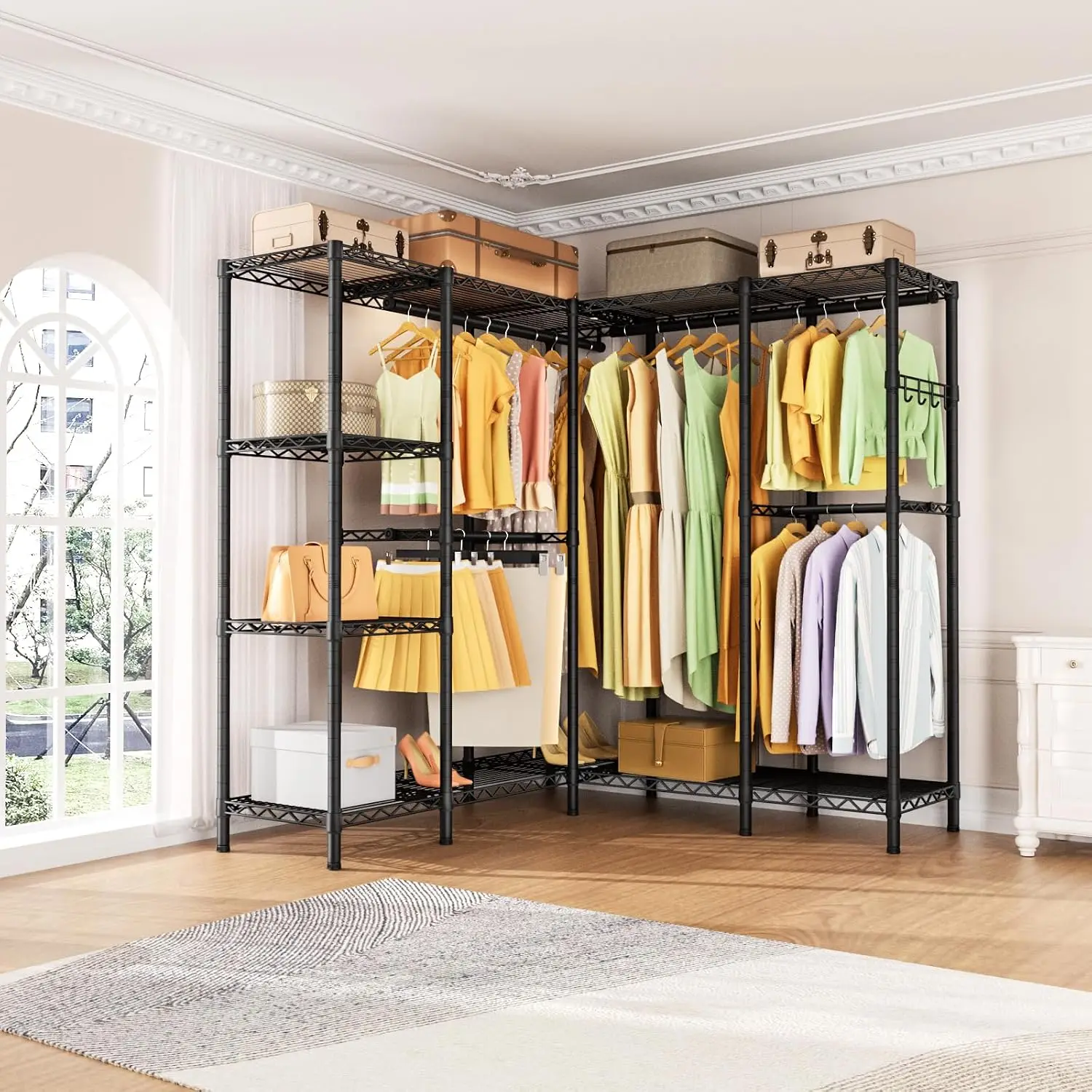 Heavy Duty Freestanding Metal Garment Storage System Adjustable Wire Layer Shelves Household Closet Organizer Multi Purpose Coat & Clothing Hanging Storage Holder