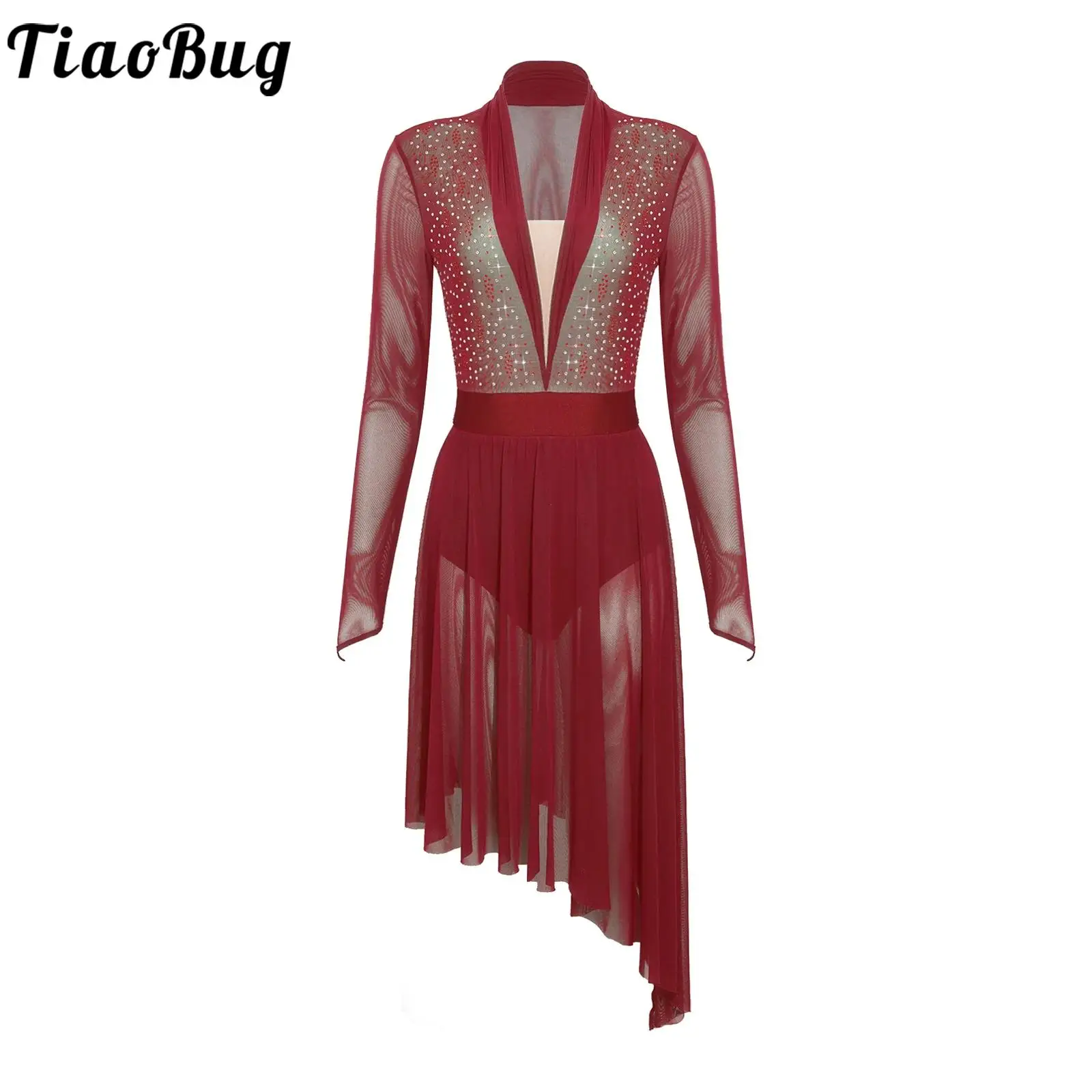 Vestido de baile lírico de malla transparente para mujer, traje de patinaje artístico, manga larga, diamantes de imitación, botones en la entrepierna incorporados, bragas, vestido con volantes