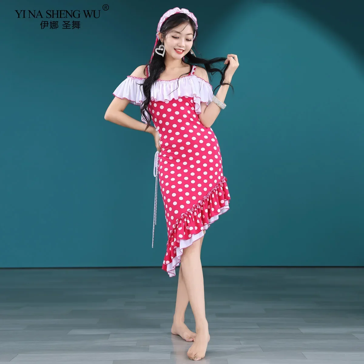 Nieuwe stijl buikdans vrouwelijke elegante top oefenkleding pak zomer beroep dansen polka dot afdrukken prestatiekleding