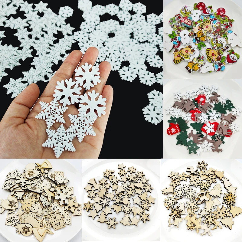 50Pcs Merry Christmas Wooden Clips Ornament Xmas Tree Snowflake Deer Cartoon Wood Sticker for Diy Christmas Party Decorations