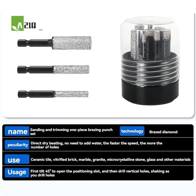 

A21Q -Diamond Drill Bit And Grinding Rod Set 10PC For Tile,Glass,Marble Hexagonal Shank Dry And Wet Use Size 5-16Mm