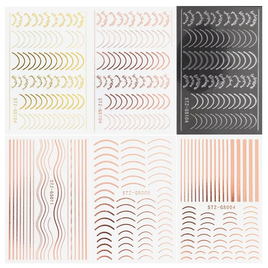 6Pcs 3D Dải Băng Dòng Dán Móng Tay Rose Gold Kim Loại Chữ Đề can Cong Dải Móng Tay Nghệ Thuật Thanh Trượt Làm Móng Tay Decors