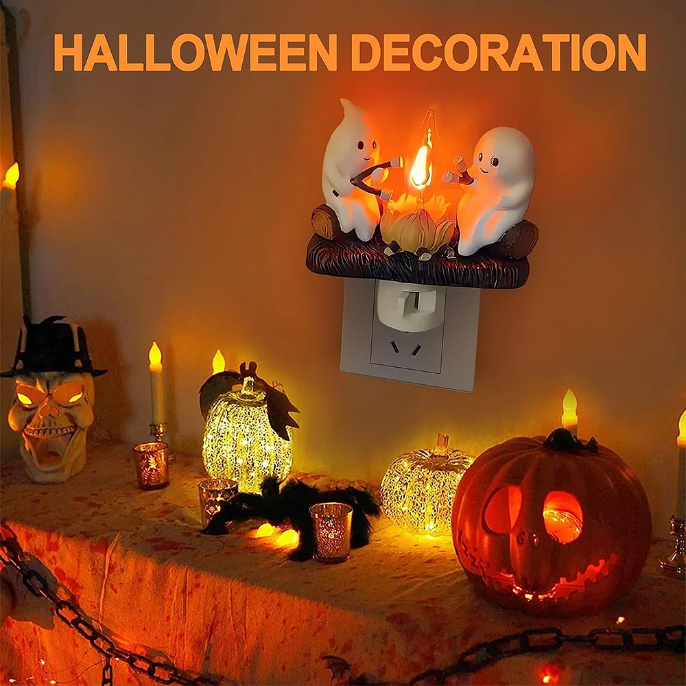 Cute Ghost Campfire Night Light Halloween Pumpkin Flickering Room Decorations Night Lights Dusk To Dawn Led Lamp Plug into Wall