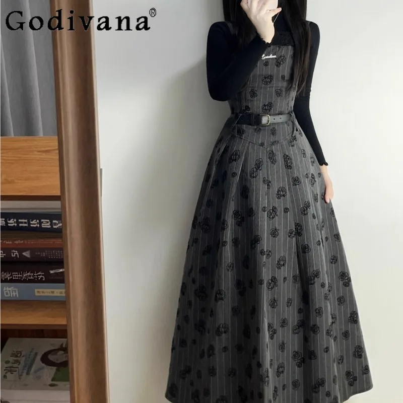 

Autumn Winter Lamb Wool Patchwork Set Women Black Base Shirt French Retro Strap Dress Suits Female Japanese Lolita Outfits