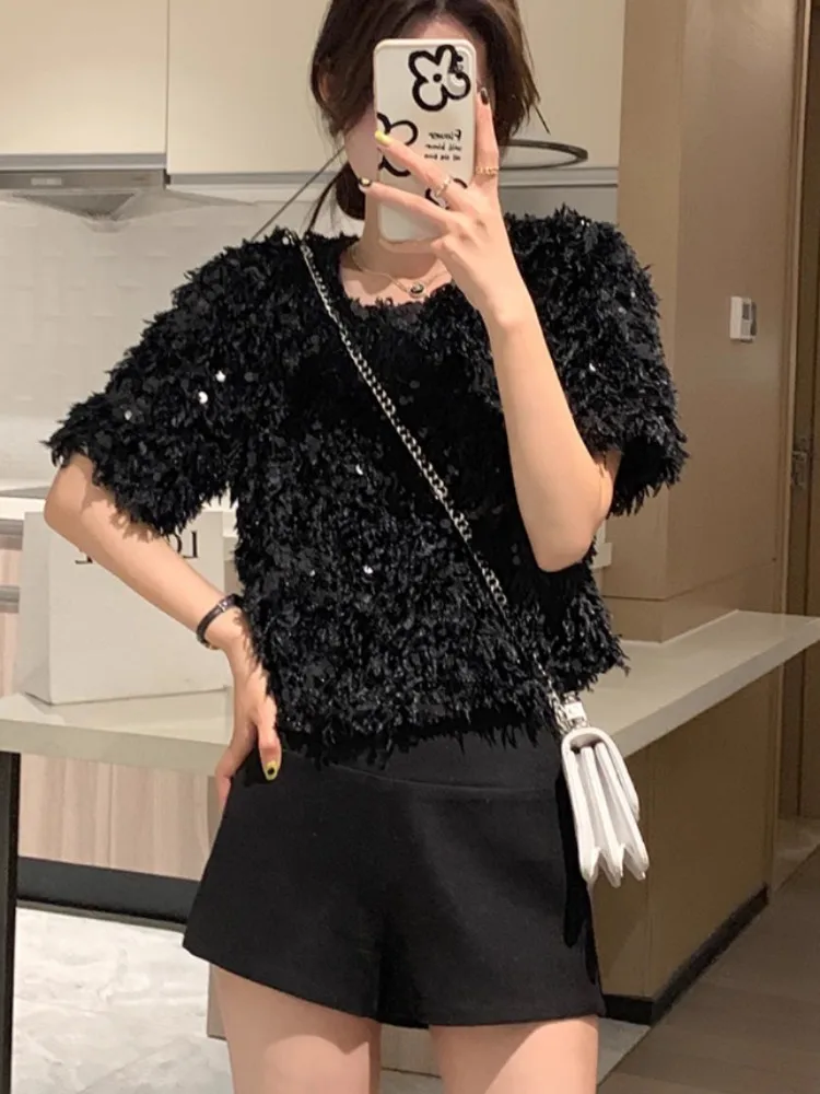 High Street New Summer Women t-shirt manica corta vestibilitร ampia Casual o-collo Top corto lucido con paillettes nappa t-shirt moda donna