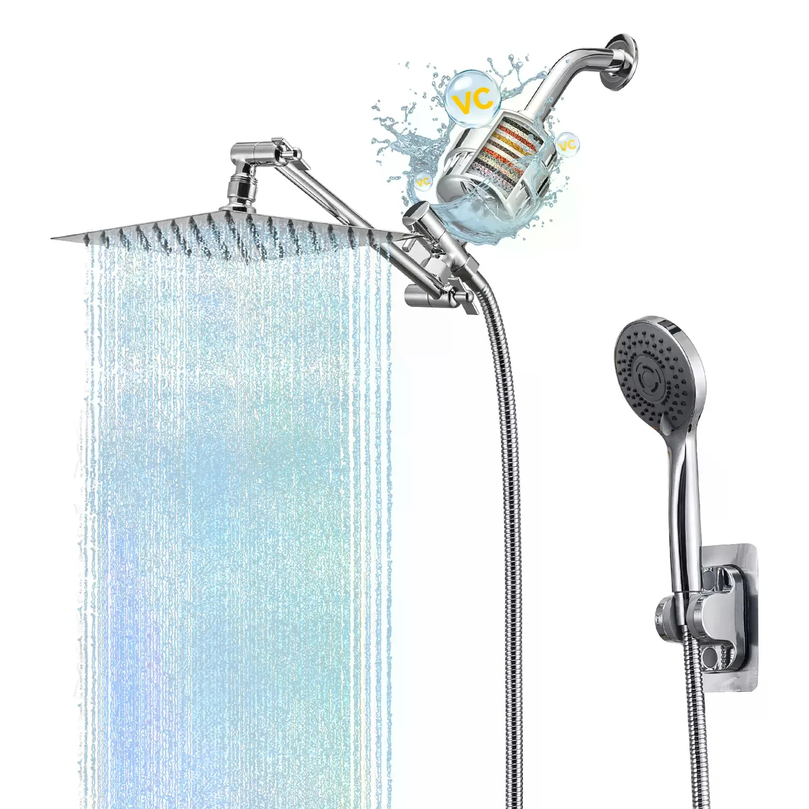 8-inch High-Pressure Rain Shower Hand Shower Combo with 11-inch Extension Arm 20-stage Filtration 5-speed Adjustable Leak-proof Shower Head Stand Hose Height Angle Adjustable Campingessentials, Faucet Extension Showerheads & Handheld Showers