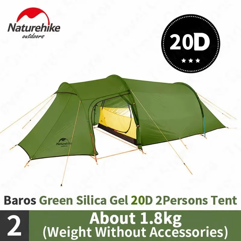 Naturehike Barros Tunnel Tent 20D Siliconen Stof 4 Seizoenen Wind- en Regenbestendige Strand- en Buitentent met Mat voor 3 Personen