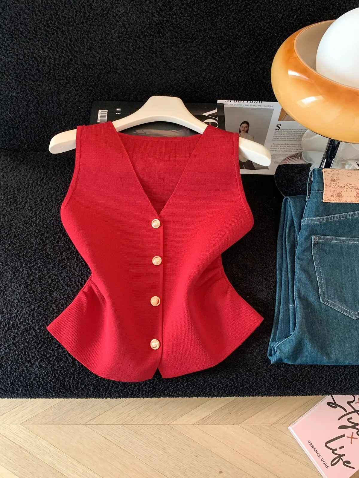 Gold Button Knit Vest for Women V-Neck Ruched Waist Sleeveless Sweater Vest Waistcoat Top Lady Office Chic Elegant Fashion