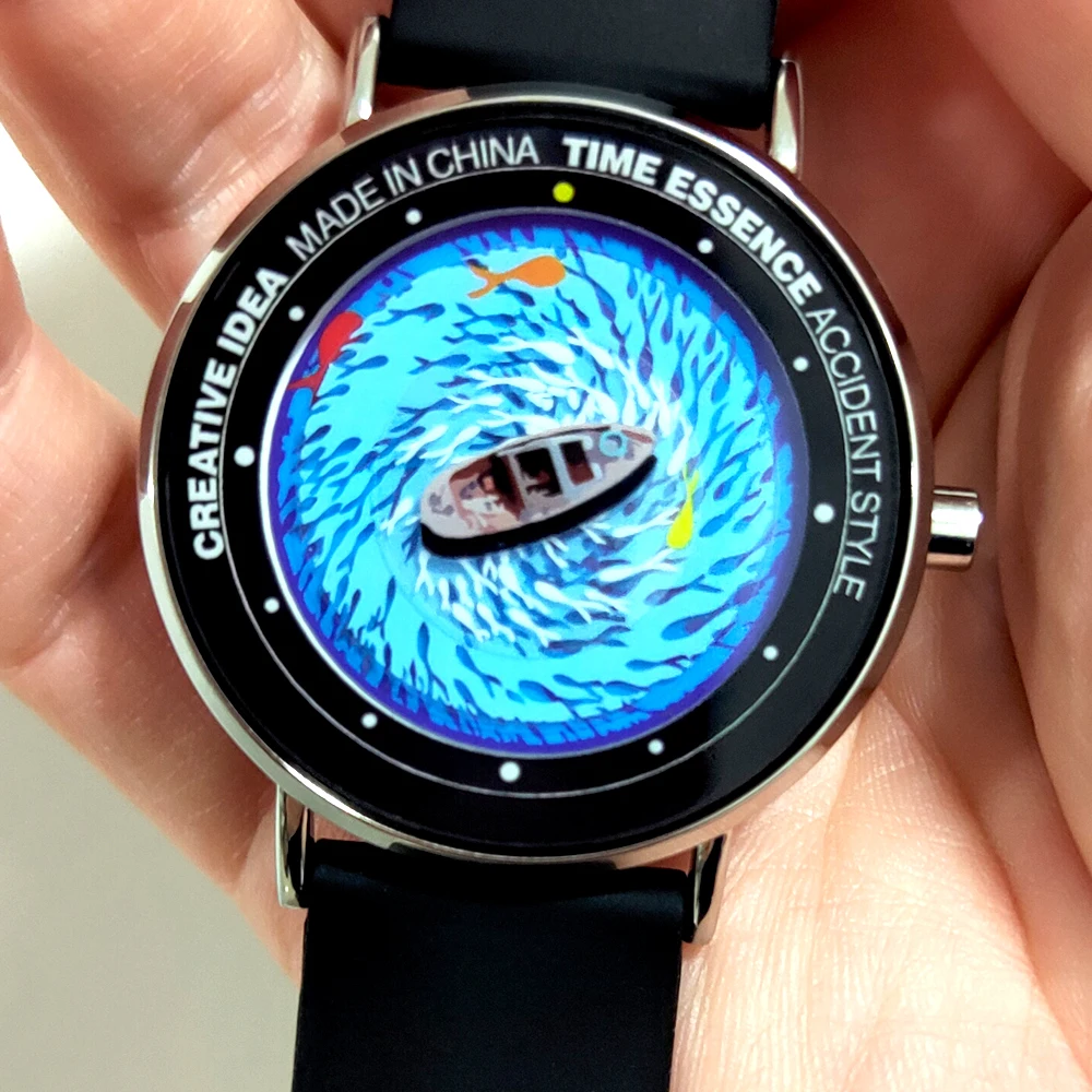 TIME ESSENCE creative blackhole b​eautiful quartz watch boat is on the calm lake surface, surrounding the fish