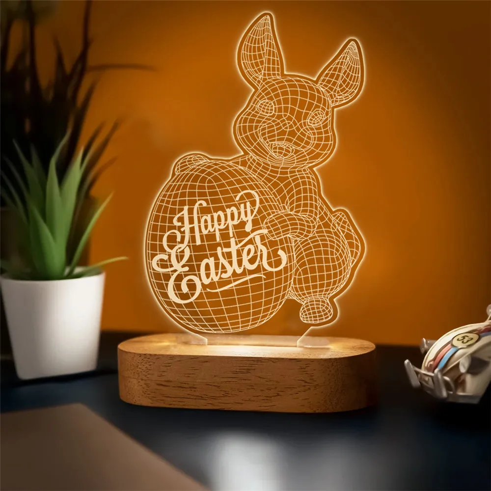 

Easter Rabbit Bunny LED NightLights USB Wood Base Warm Light for Baby Kids Room Bedside Crib Lamp Decorations Laser Engraving