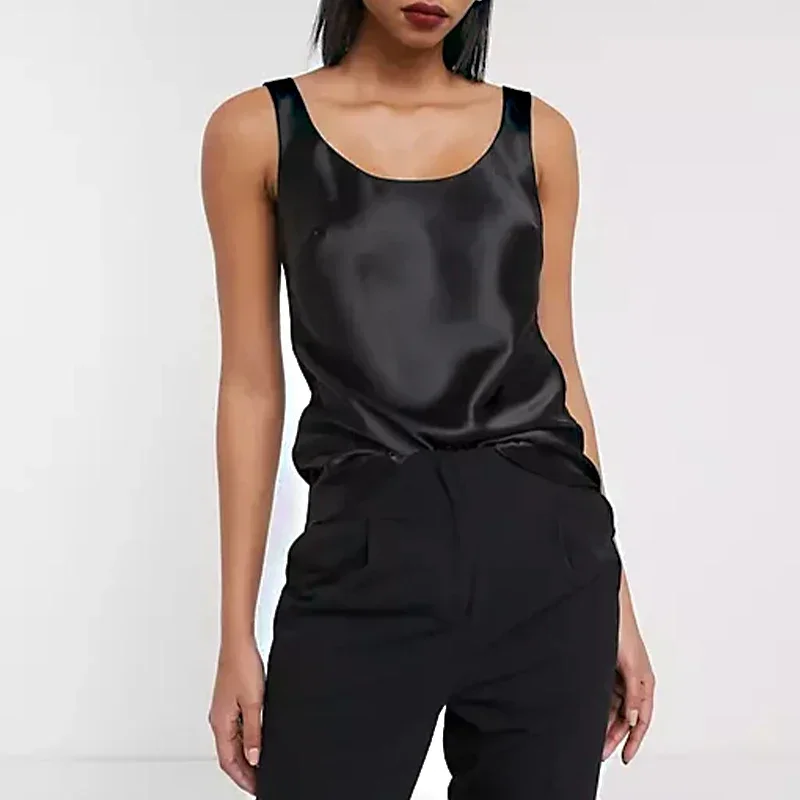 Satin Tops Women 2025 Summer O-Neck Sleeveless Basic Shirts Black Casual Sport Vest Femme Tank Top