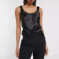 Satin Tops Women 2025 Summer O-Neck Sleeveless Basic Shirts Black Casual Sport Vest Femme Tank Top