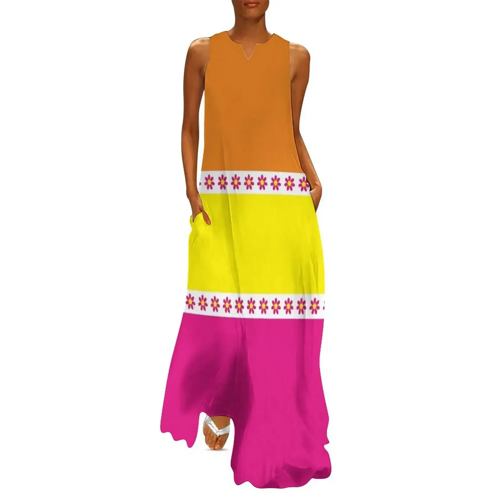 

60s Flower Power Hippie Orange Yellow Pink Retro Hippie Long Dress african dresses for woman Dress