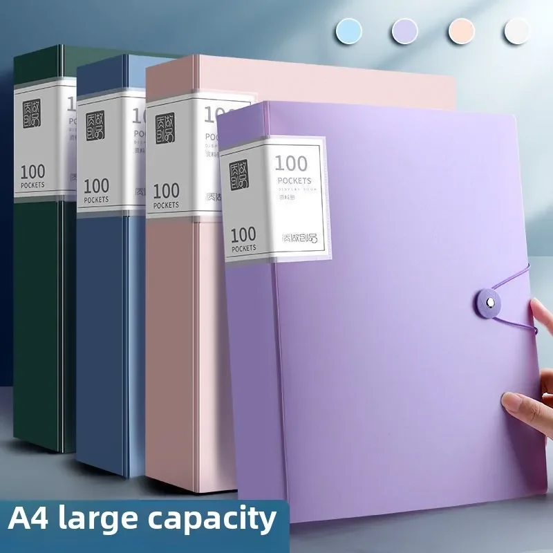 A4 100 Inner Pockets Large Capacity Document Folder with Buckle Transparent Insert Pages Exam Paper Organizer Office Supplies