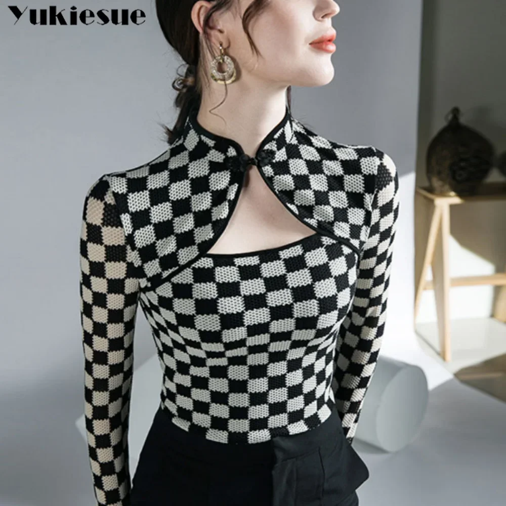 

Spring Autumn New Harajuku Fashion Slim Tops Hollow Sexy Plaid Top Shirts for Women Vintage Button Up Collar Long Sleeve T-shirt