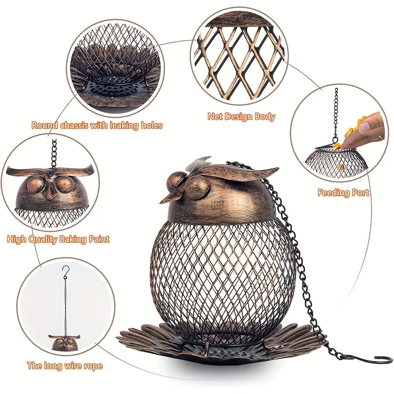 Owl Shaped Feeder and a Solar Bird Feeder, Heavy Duty Copper Metal Mesh Wildfinch Feeder for Outdoor Garden Patio Decoration