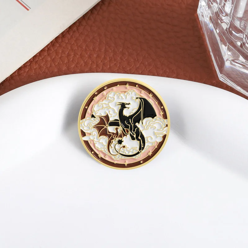 Vintage Flying Dragon Cloud Enamel Pin Fantasy Medieval Magic Brooch Round Lapel Badge Gift Women's brooch