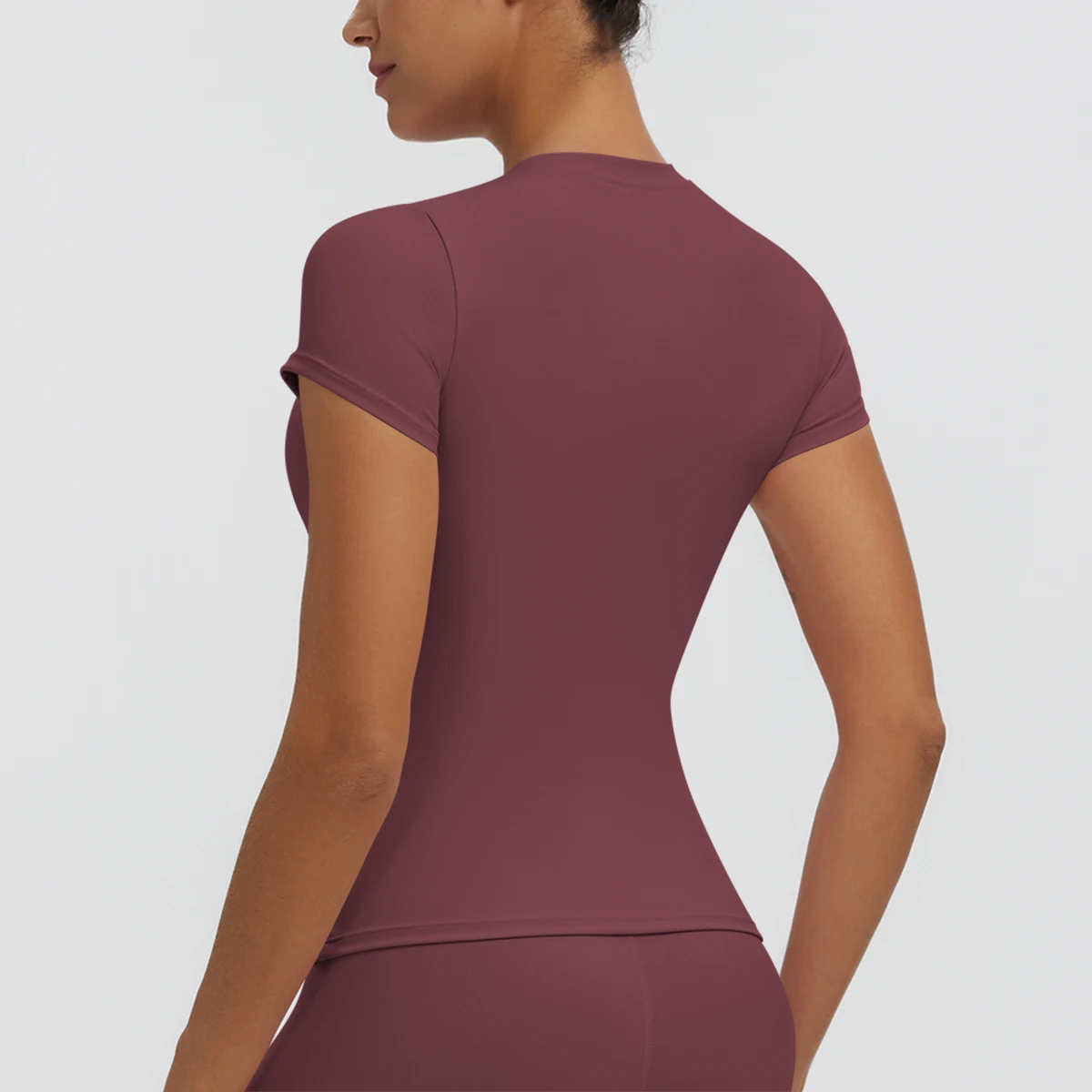 Hochelastisches, schnelltrocknendes, einfarbiges Yoga-Kurzarm-T-Shirt für Damen, Workout-Oberteil, schmal geschnittenes, lässiges Sport-, Lauf-, Fitness- und Yoga-T-Shirt. – Detail 17