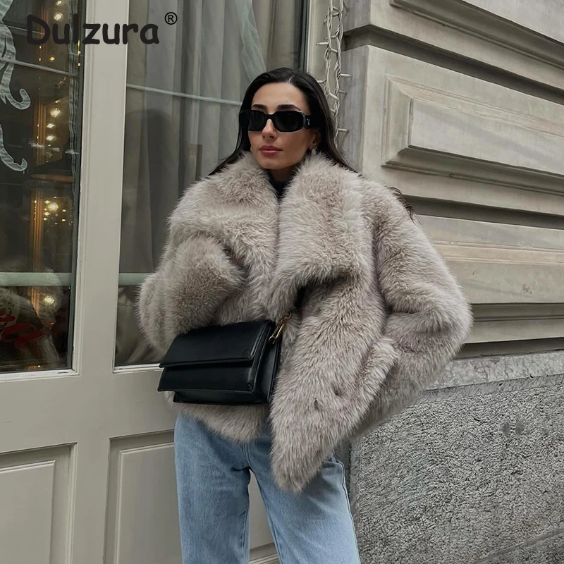 Gradient Fluffy Fur Coat Women 2024 Winter High Street Luxury Big Fur Collar Furry Faux Fox Fur Jacket Female Overcoats