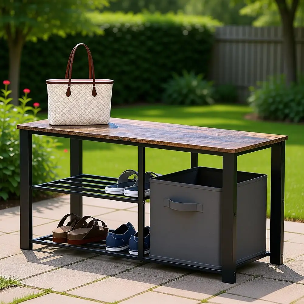 

2-Tier Rustic Brown Shoe Storage Bench with Wooden Top and Bins